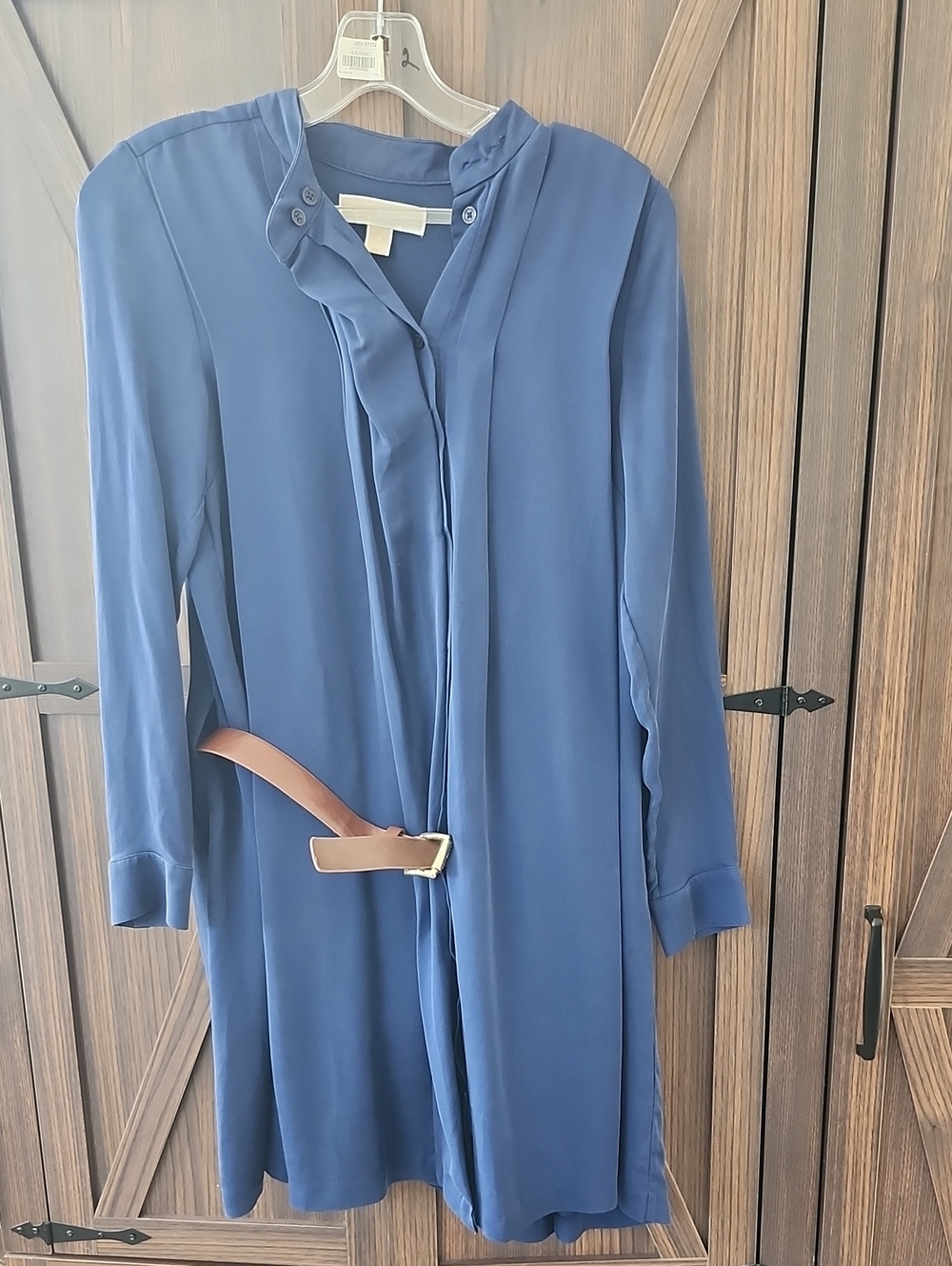 Michael Kors Slate Blue Long-Sleeve Shirt Dress with Removable Brown Belt